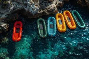 ai généré une ensemble de coloré gonflable bateaux permanent dans le mer près le rive photo