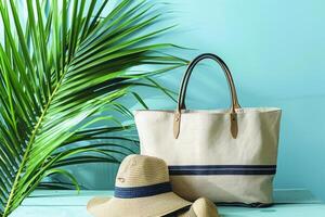 ai généré fermer de une été plage sac et chapeau sur une sablonneux plage photo