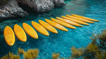 ai généré une ensemble de Jaune planches de surf sur une bleu mer Contexte photo