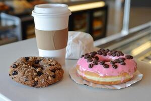 ai généré là est une papier carton café tasse et Trois beignets sur le table photo