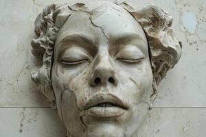 ai généré un artistique sculpture de une femme c'est tête . le femme tête est fabriqué de plâtre. intérieur détails photo