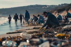 ai généré une groupe de écovolontaires recueille Plastique des ordures sur le plage. militants collecte des ordures à protéger le planète photo