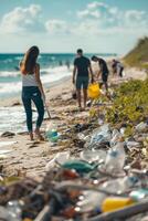 ai généré une groupe de écovolontaires recueille Plastique des ordures sur le plage. militants collecte des ordures à protéger le planète photo