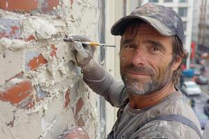 ai généré une homme des peintures le des murs et plafond. réparation concept photo