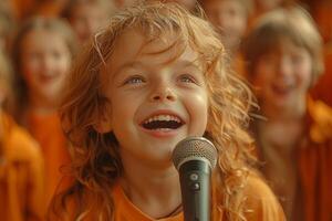 ai généré une adolescent fille chante une chanson dans une microphone dans de face de les enfants photo