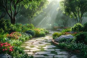 ai généré ensoleillé sentier dans luxuriant jardin oasis photo