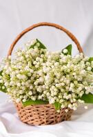 panier avec fleurs de lys de le vallée sur une blanc Contexte. sélectif se concentrer. photo