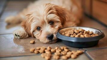 ai généré une petit mignonne maltipoo chiot près une bol de aliments. ai généré photo