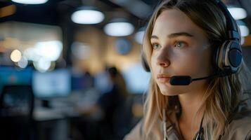 ai généré portrait de une Jeune femme appel centre opérateur. ai généré photo