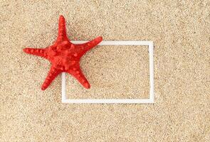 Haut vue de rouge étoile de mer, plage le sable et Créatif blanc Cadre copie espace. minimal été concept. branché tropical plage journée scène idée. été esthétique. plat poser. photo