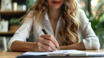 ai généré femme d'affaires en utilisant stylo signature, écriture dans Bureau photo