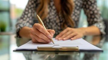 ai généré femme d'affaires en utilisant stylo signature, écriture dans Bureau photo