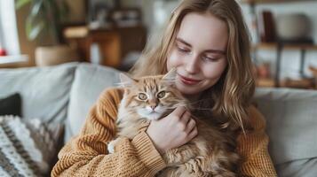 ai généré femme étreindre chat sur canapé dans vivant pièce photo