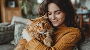 ai généré femme étreindre chat sur canapé dans vivant pièce photo