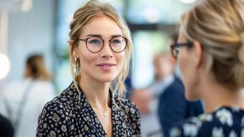 ai généré Jeune affaires femme parlant avec une collègue dans sa Bureau photo