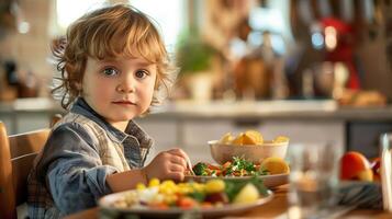 ai généré une peu garçon ayant une petit déjeuner dans une cuisine dans le Matin photo