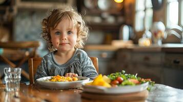 ai généré une peu garçon ayant une petit déjeuner dans une cuisine dans le Matin photo