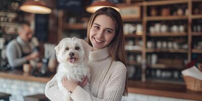 ai généré joyeux femme berceau sa blanc chien dans une confortable café magasin photo