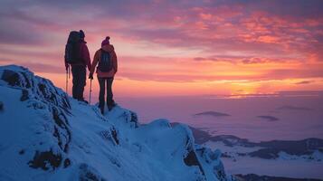 ai généré sommet triomphe couple embrassement hiver le coucher du soleil sur Montagne de pointe photo