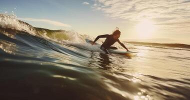 ai généré Jeune surfeurs conquête côtier vagues avec énergie et enthousiasme photo