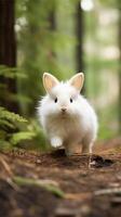 ai généré une blanc lapin est en marchant dans le les bois. ai généré image. pro photo