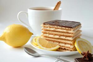 ai généré aromatique citron thé dans tasse et soucoupe isolé sur blanc Contexte photo