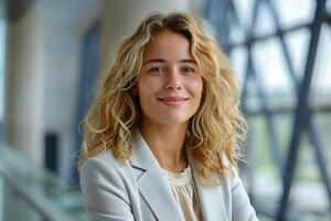 ai généré portrait de réussi Sénior femme d'affaires à la recherche à caméra et souriant au bureau. photo