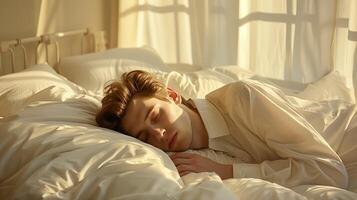 ai généré une homme dormant, repos pacifiquement dans une confortable sur blanc lit, mensonge avec fermé yeux. avec lumière du soleil. photo