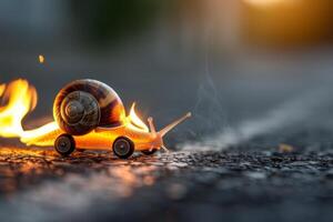 ai généré une humoristique représentation de une escargot courses sur jouet roues avec une ardent effet photo