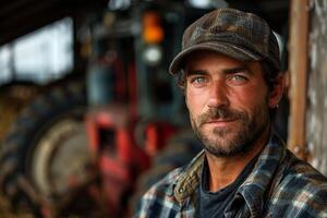 ai généré une homme permanent dans de face de une tracteur dans une champ. ai génératif. photo