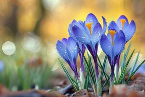 ai généré fleurs de bleu crocus sur brouiller Contexte .généré ai photo