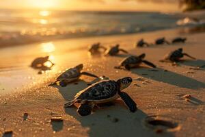 ai généré bébé tortues sur le sablonneux plage et crawl à le océan. génératif ai photo