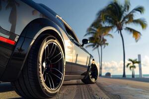 ai généré proche en haut pneu sport voiture sur le été plage. génératif ai photo