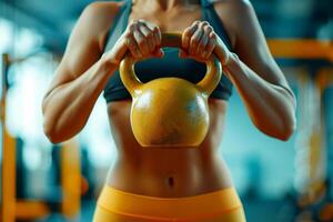 ai généré une femme en utilisant une kettlebell pour entraînement. génératif ai photo