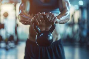 ai généré une homme en utilisant une kettlebell pour entraînement. génératif ai photo