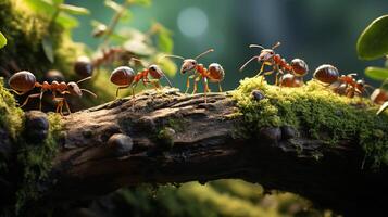 ai généré fourmis avec diligence traversant une arbre branche photo