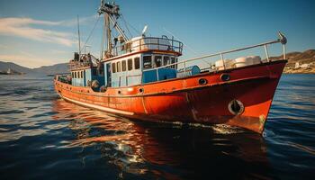 ai généré une tranquille coucher de soleil, pêche bateau amarré, la nature beauté sur afficher généré par ai photo