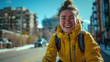 ai généré souriant femelle cycliste monte dans Urbain bicyclette voie encadré par brillant bleu ciel photo