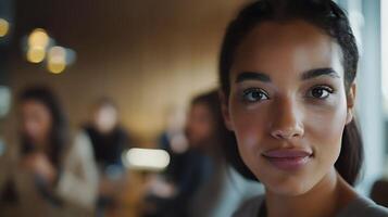 ai généré sur de soi professionnel femme présente dans moderne Bureau salle de réunion avec attentif collègues photo