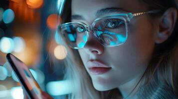 ai généré Jeune femme jouit rempli de technologie moment souriant avec sans fil écouteurs et téléphone intelligent à coloré bureau photo