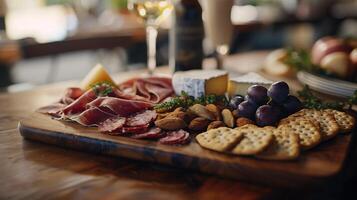 ai généré astucieusement arrangé charcuterie délices les fromages viandes des fruits et des noisettes sur rustique en bois Contexte baigné dans doux Naturel lumière photo