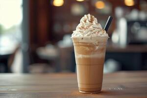 ai généré sucré bonheur, sirotant sur une caramel frappuccino avec fouetté crème. génératif ai photo