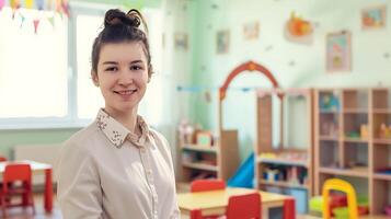 ai généré Jeune femme permanent dans rempli de jouets chambre. génératif ai. photo