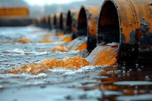 ai généré industriel déchets étant vidé dans une rivière, empoisonnement le l'eau la source photo