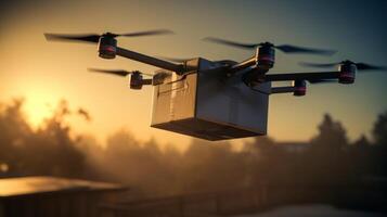 ai généré une drone avec quatre rotors porte une paquet avec une livraison icône, en volant contre une le coucher du soleil ville toile de fond photo