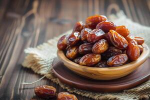 ai généré Ramadan Rendez-vous paume fruit sur une en bois assiette photo