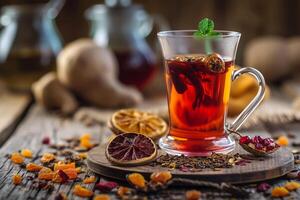 ai généré masmidj turc thé dans traditionnel verre avec séché des fruits photo