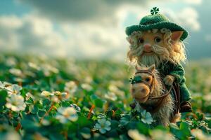 ai généré lutin équitation une décoré de trèfles cheval par une champ de trèfles, incorporant le espiègle et malicieux esprit de st. patrick's journée photo