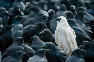 ai généré une blanc corbeau parmi beaucoup noir corbeaux photo