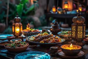 ai généré traditionnel iftar repas installer photo